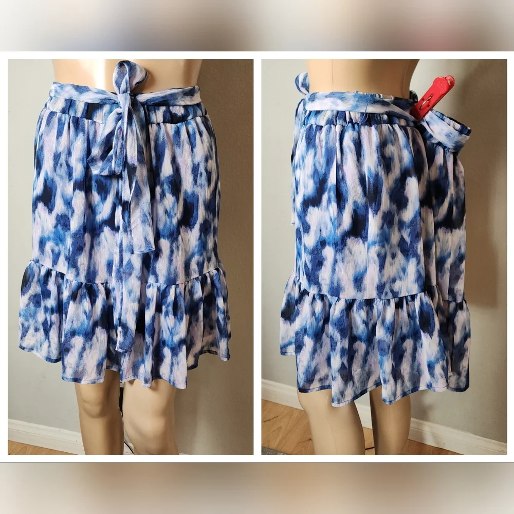NWT Banana Republic Pull On Chiffon Tiered Blue Purple Tie Waist Mini Skirt Sz L